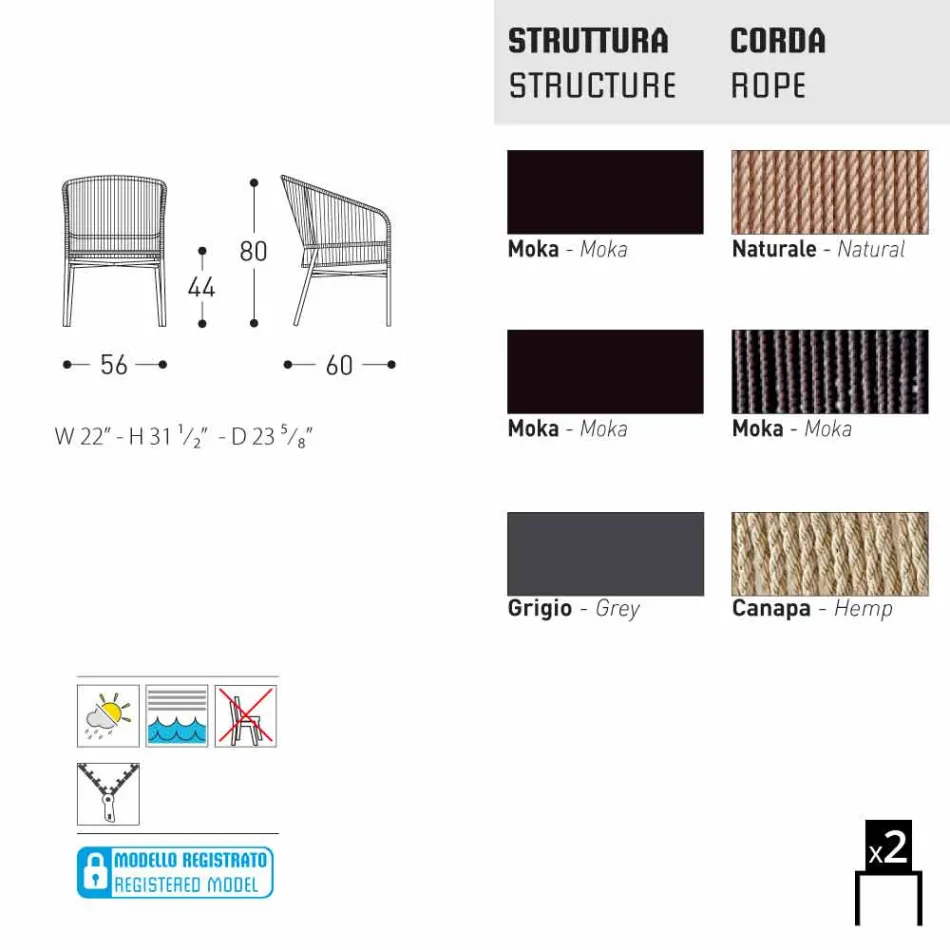 Varaschin Cricket stoel met de hand geweven buitenste, 2 stuks Viadurini