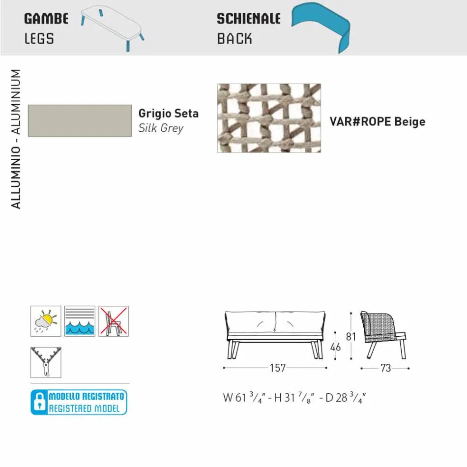 Varaschin Emma moderne tweezits gestoffeerde tuinbank Viadurini