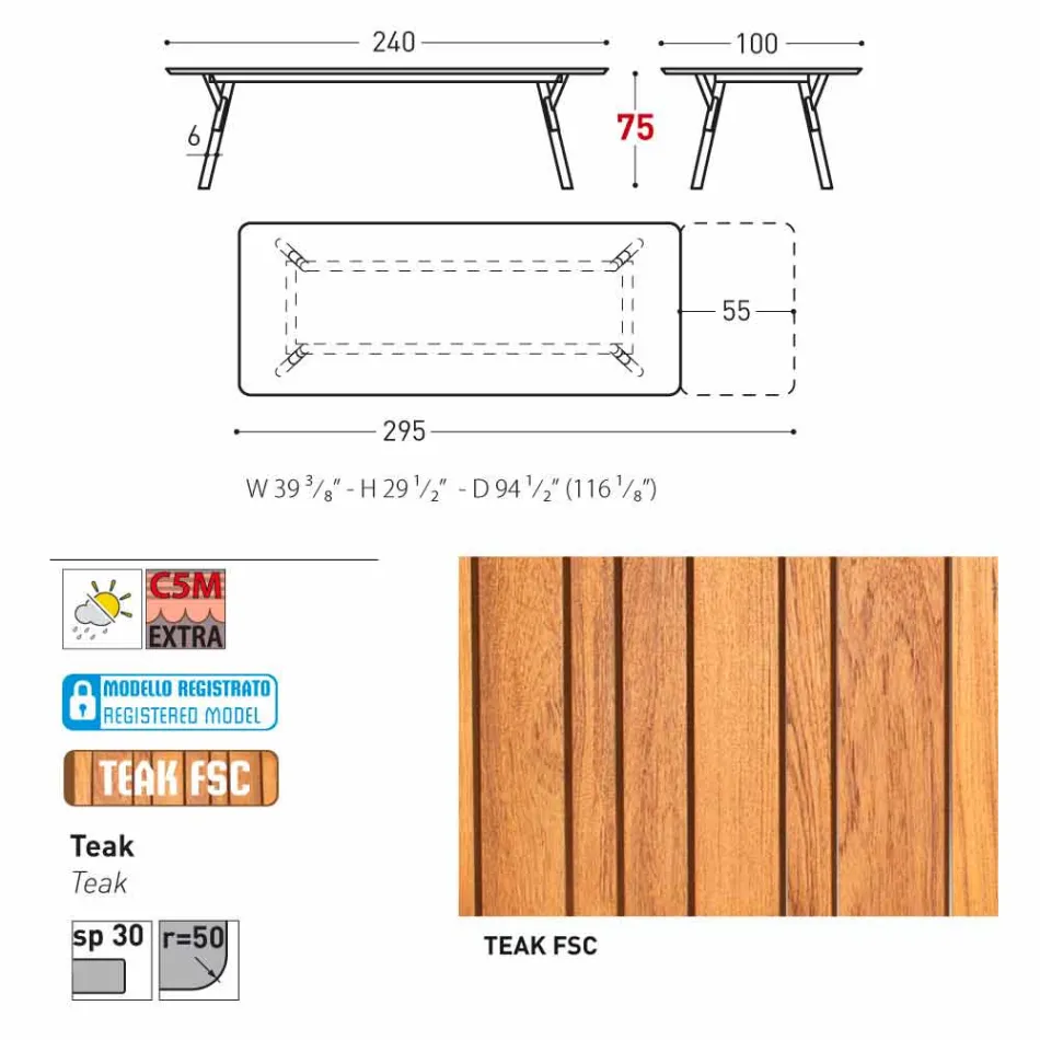 Varaschin Link tuin aanschuiftafel met teakhouten poten, H75 cm Viadurini