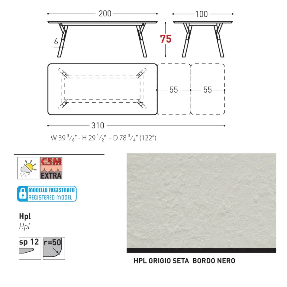 Varaschin Link modern design uitschuifbare tuintafel, H 73,2 cm Viadurini