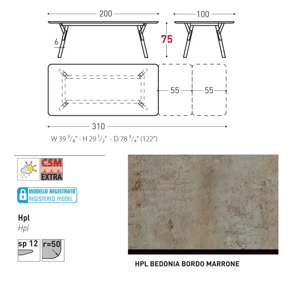 Varaschin Link modern design uitschuifbare tuintafel, H 73,2 cm Viadurini