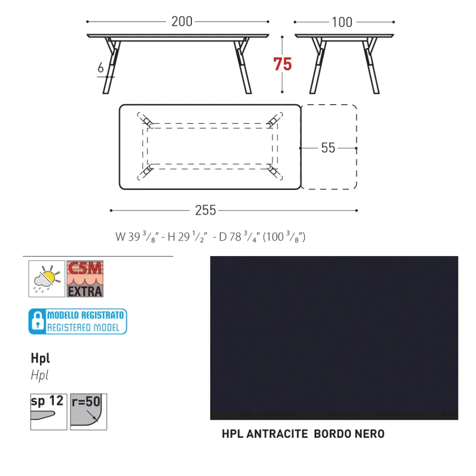 Varaschin Link modern design uitschuifbare tuintafel, H 73,2 cm Viadurini
