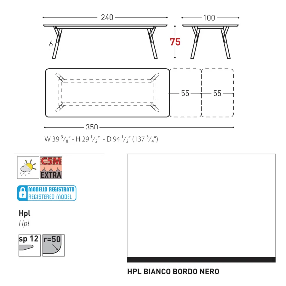 Varaschin Link modern design uitschuifbare tuintafel, H 73,2 cm Viadurini