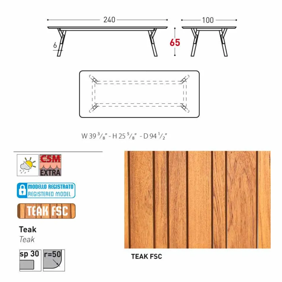 Varaschin Link tuintafel met teak houten poten, H 65 cm Viadurini