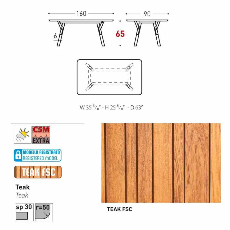 Varaschin Link tuintafel met teak houten poten, H 65 cm Viadurini