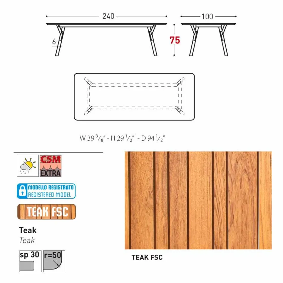 Varaschin Link tuintafel met teak houten poten, H 75 cm Viadurini