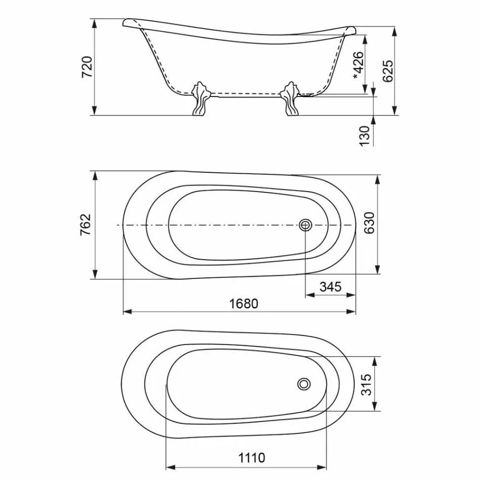 Vrijstaande badkuip, Victoriaans ontwerp in effen oppervlak - Regen Viadurini