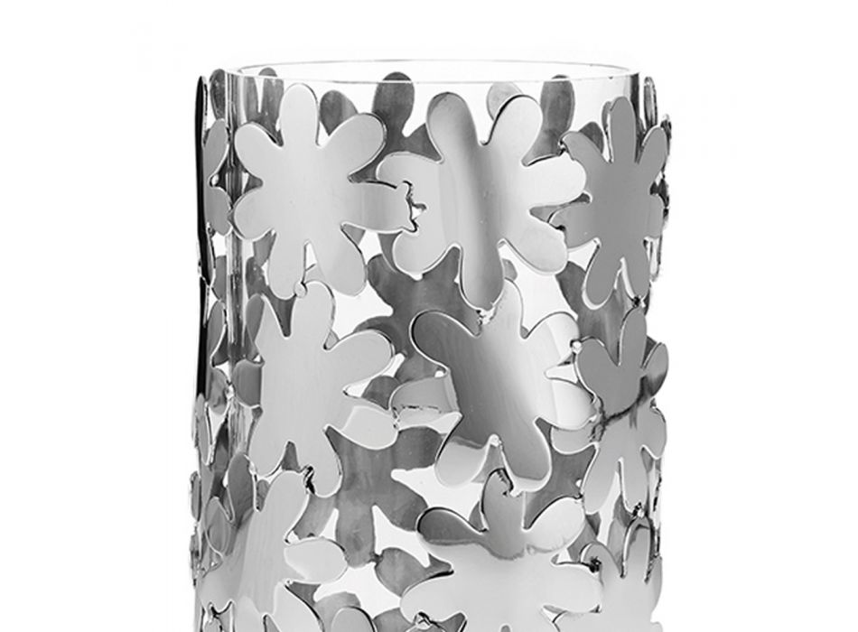 Cilindrische vaas in glas en zilvermetaal en luxe bloemdecoratie - Terraceo Viadurini