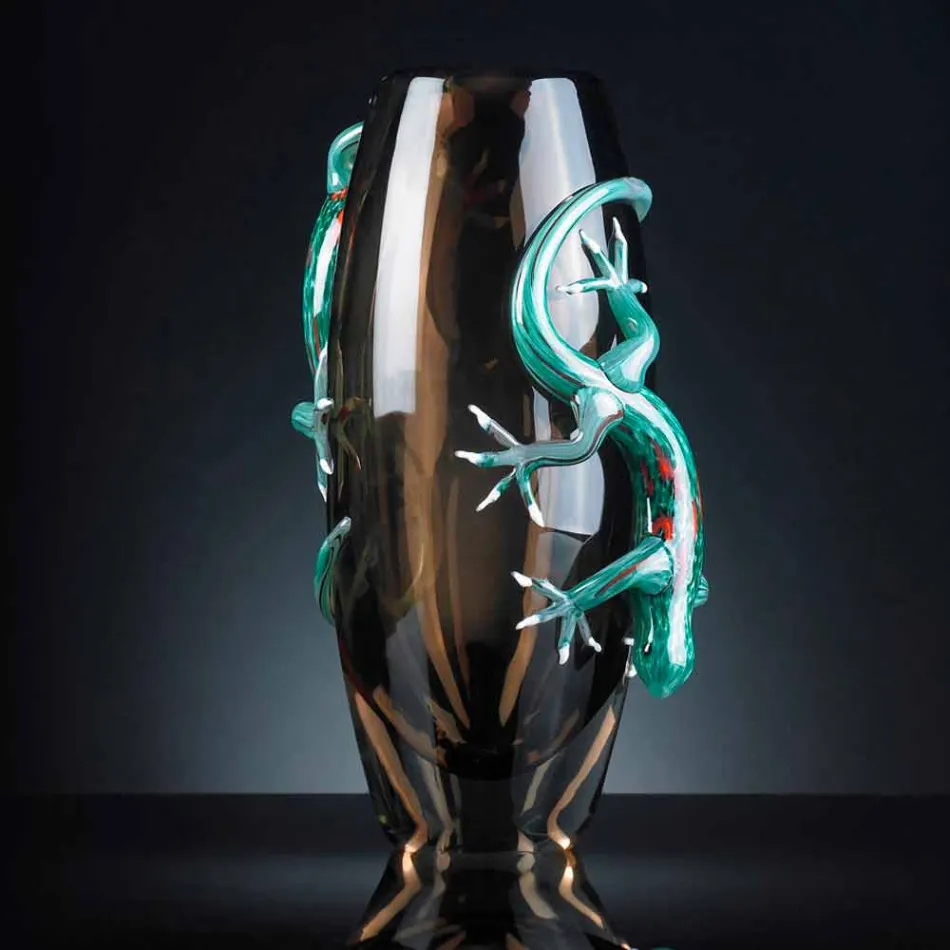 Binnenvaas van gebrandschilderd glas met gekko's handgemaakt in Italië - Geco Viadurini