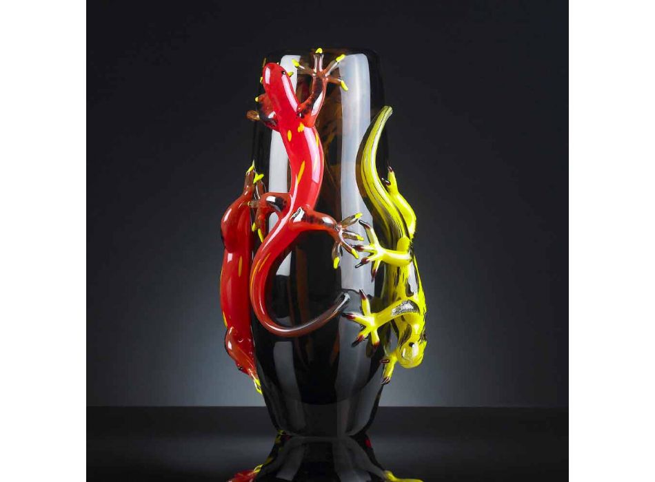 Gekleurde glazen vaas met gekko's handgemaakt in Italië - Geco Viadurini