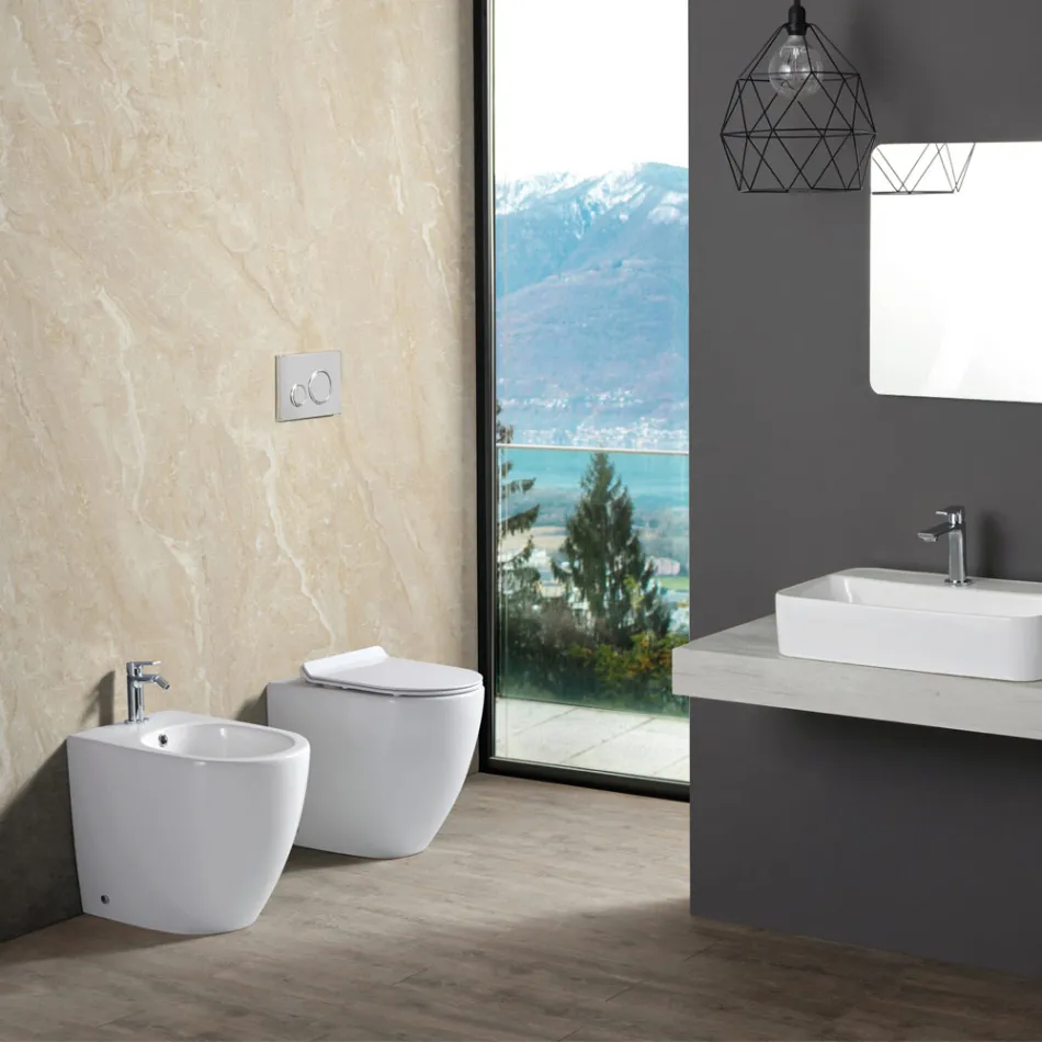 Aster White keramische randloze staande toiletpot met softclose zitting.   Viadurini