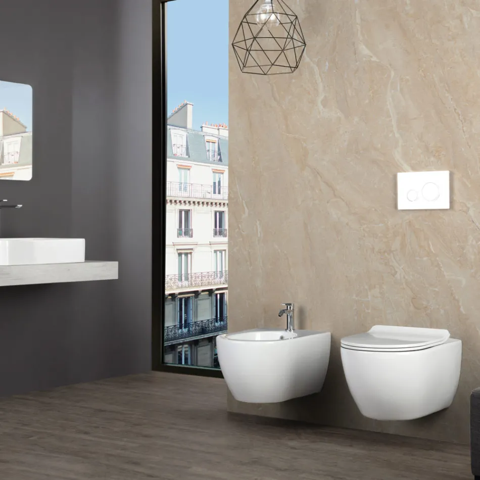 Aster White keramische wandtoilet zonder rand met softclose zitting Viadurini