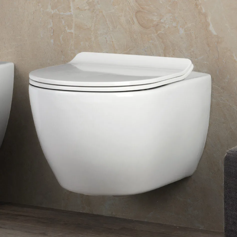 Aster White keramische wandtoilet zonder rand met softclose zitting Viadurini