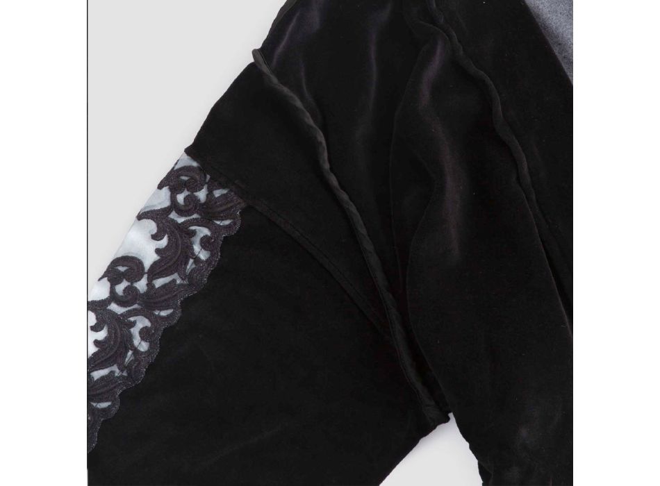 Kimono-kamerjas in zwart chenille met Farnese-kant, luxe gemaakt in Italië - Kyoto Viadurini
