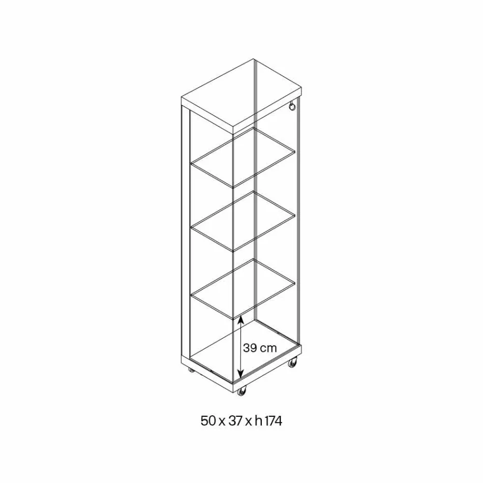 Wandvitrine in glas en wit hout, wielen en verlichte planken - Armilla Viadurini