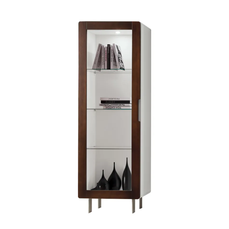 Woonkamervitrine met 1 deur in wit en Canaletto-afwerking Made in Italy - Gerd Viadurini