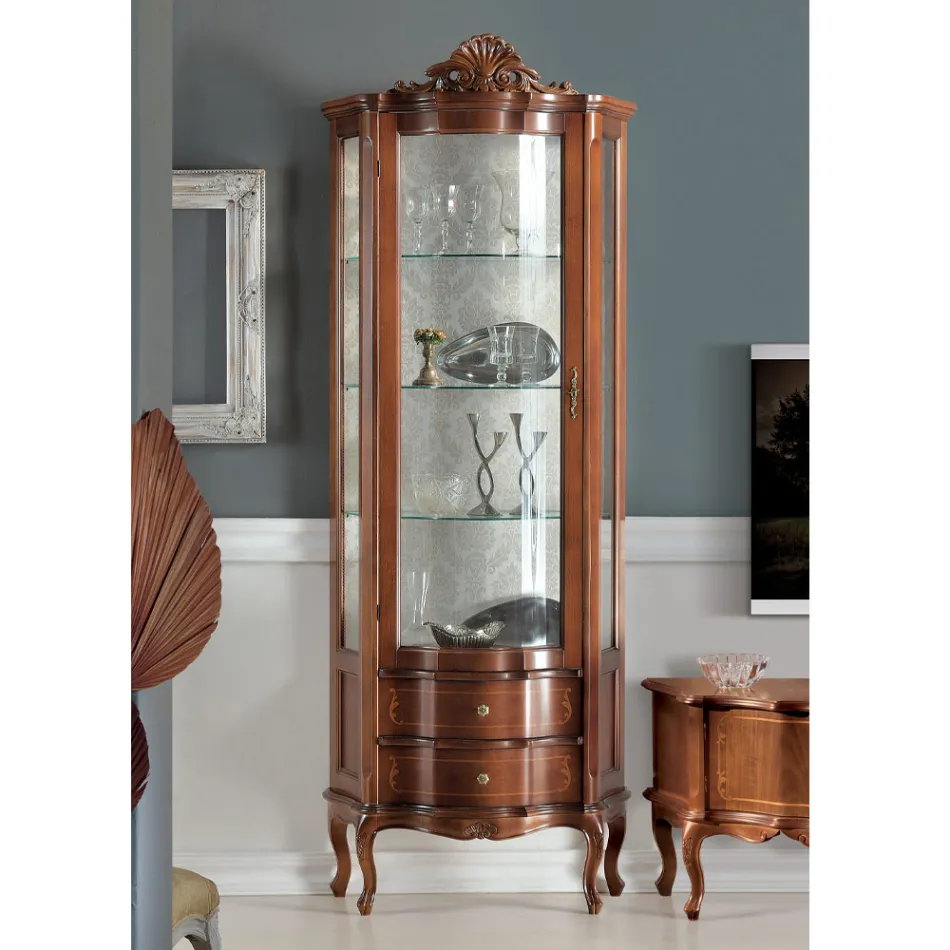 Woonkamer vitrinekast 1 deur en 2 houten lades Made in Italy - Leonor Viadurini