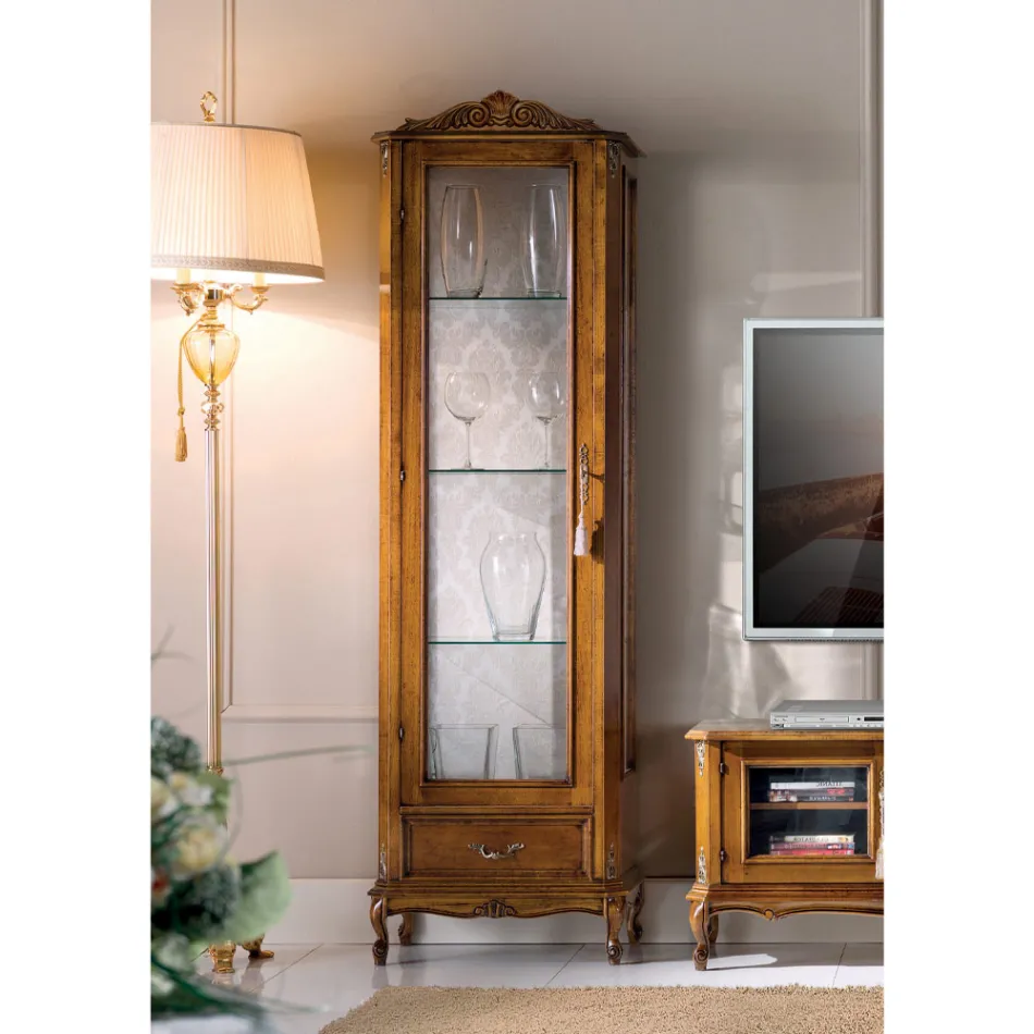 Klassieke woonkamervitrine in walnoothout 1 deur Made in Italy - Ronald Viadurini