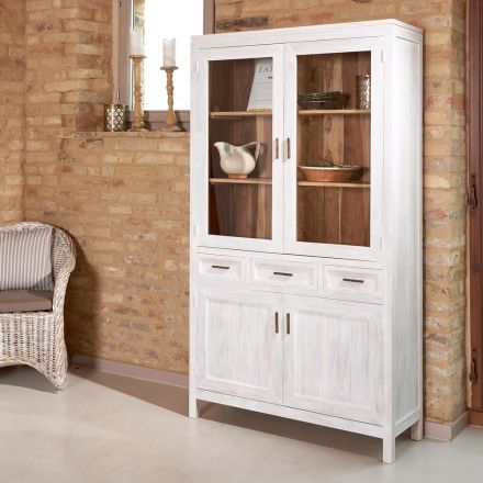 Sanda massief teakhouten vitrinekast voor de woonkamer met 4 deuren en 3 lades Viadurini