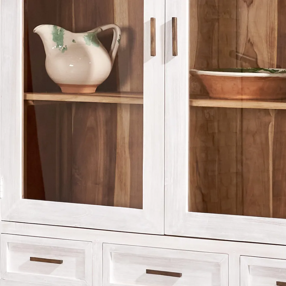 Sanda massief teakhouten vitrinekast voor de woonkamer met 4 deuren en 3 lades Viadurini