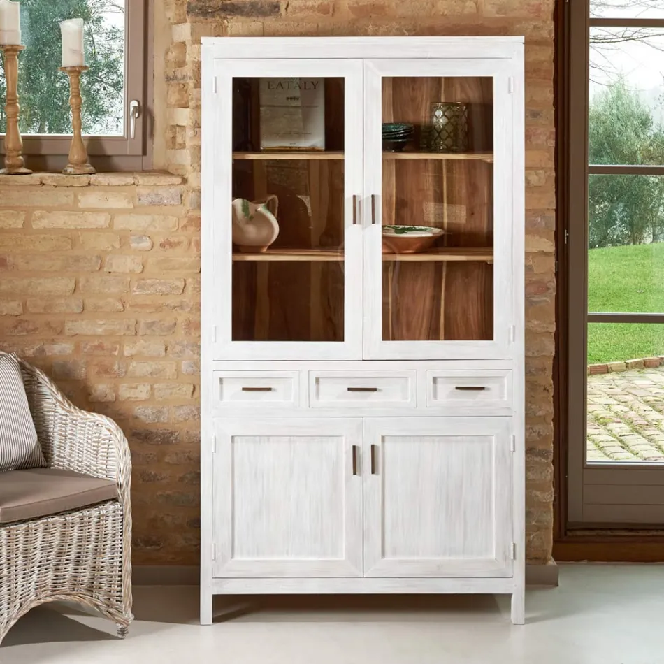 Sanda massief teakhouten vitrinekast voor de woonkamer met 4 deuren en 3 lades Viadurini