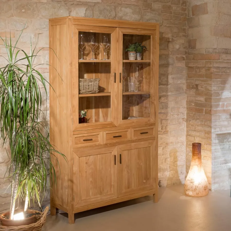Sanda massief teakhouten vitrinekast voor de woonkamer met 4 deuren en 3 lades Viadurini