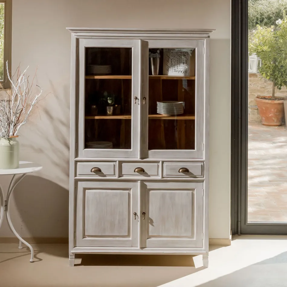 Massief teakhouten vitrinekast met 4 deuren en 3 laden - Aikido Viadurini