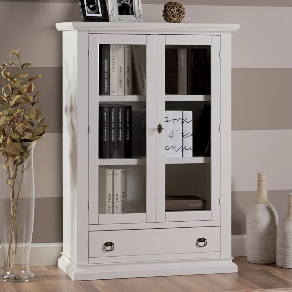 Houten vitrinekast met 1 lade, 2 deuren en 2 planken Made in Italy - Nanna Viadurini